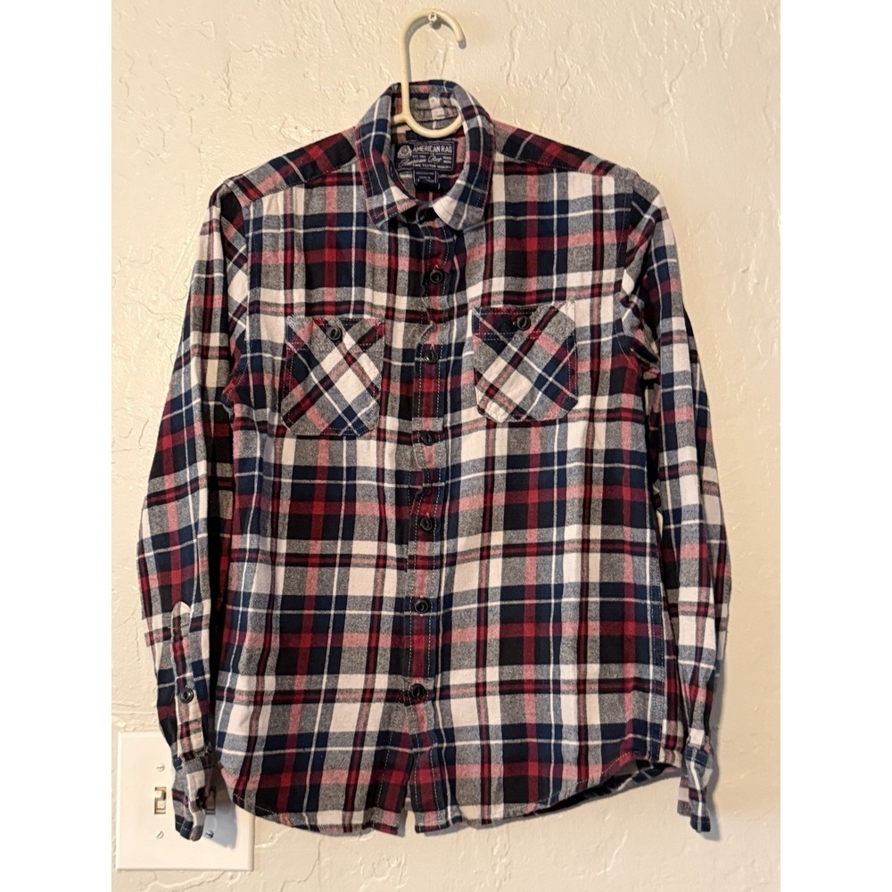 American Rag Shirt Adult Small L/S Button Up Red/White/Grey Plaid Flannel Men